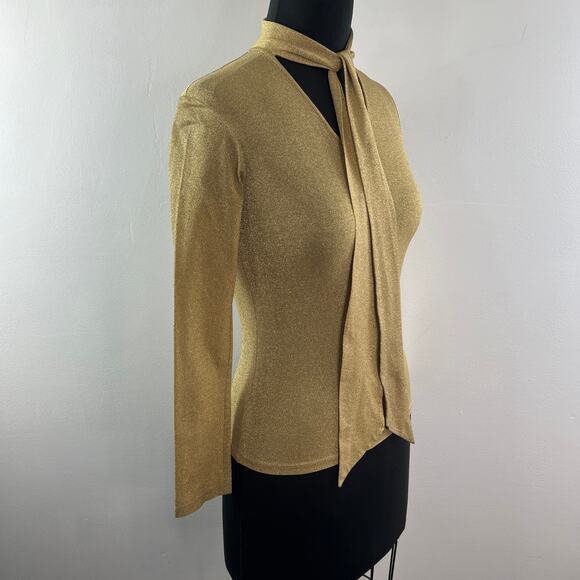 VINTAGE Jill Stuart Metallic Gold Blouse Knit Tie-Neck Long Sleeve Size Small S - Picture 6 of 11